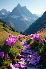 Obraz premium Soft pink petals of crocuses blanket the mountain path, spring, tre cime di lavaredo, serene landscape