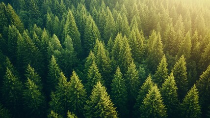 lush pine tree forest seen from above, illuminated by sunlight and soft-focus effect