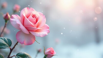 Obraz premium Soft pink rose blooms against a snowy white background with gentle wisps of fog, pink, peaceful