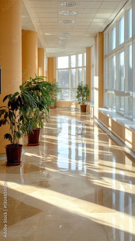 Poster sunlit corridor with potted plants and large windows creating a bright and inviting atmosphere in th