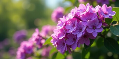 Fototapeta premium Dense cluster of rich purple flowers, sunny day, bright, foliage, pretty flowers