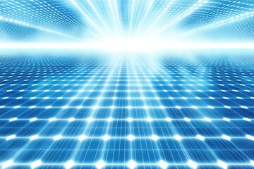 Futuristic digital landscape with radiant beams of light at dawn