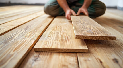 Individual is engaged in laying down wooden planks on a wooden floor, focusing on placement and assembly inside a renovation site