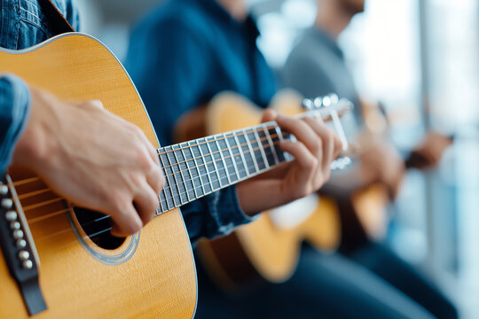 Playing acoustic guitar in group setting, showcasing hands strumming strings. atmosphere is relaxed and musical, highlighting joy of collaboration
