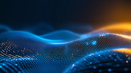 Digital waves with glowing blue and orange lights create mesmerizing visual effect, representing modern technology and innovation