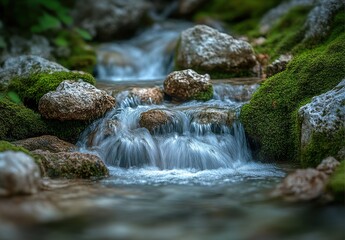 Gentle Flowing Water Over Smooth Stones Surrounded by Lush Green Moss in Peaceful Nature Setting
