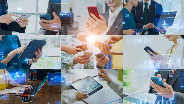 business, data, technology, app, mobile, dx, digital transformation, IoT, ICT, system, user, smartphone, smartphone, smart phone, tablet, laptop, ERP, software, groupware, device, use, scene, collage,