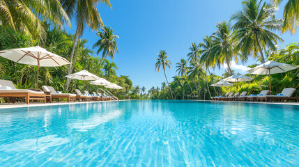 Obraz premium serene tropical pool surrounded by palm trees and sun loungers, featuring luxurious umbrellas for shade. clear blue water reflects sunny sky, creating tranquil atmosphere