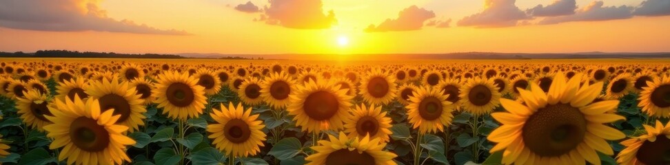 Fototapeta premium Endless rows of sunflowers, facing the rising sun, vibrant yellow , backdrop, agriculture, bloom