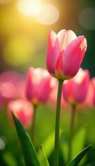 Fototapeta premium Soft pink tulips sway gently in a warm sunlight, pink tulips, colors, green grass