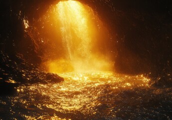 Golden Light Streaming Through Cave Opening Creating Magical Atmosphere Over Shimmering Water Surface in a Serene Natural Setting