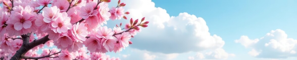 Obraz premium Soft puffy clouds hide behind a blooming cherry blossom tree, soft, nature, bloom