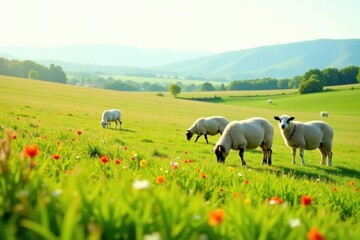 Fototapeta premium Serene pastoral scene featuring sheep grazing peacefully in a vibrant meadow dotted with wildflowers, under a soft sunlit sky, showcasing the beauty of rural landscapes.