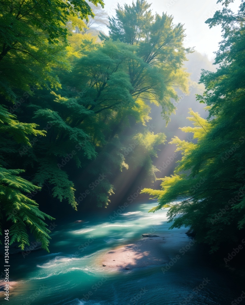 Poster a mesmerizing view of a river flowing through a dense forest, with the sun's rays piercing through the trees creating a magical atmosphere. The clear water reflects the surrounding greenery.