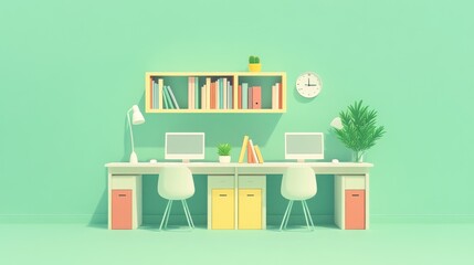 Modern Minimalist Workspace, Pastel Office Scene, Home Office, 3D Illustration,  Background Bookshelves