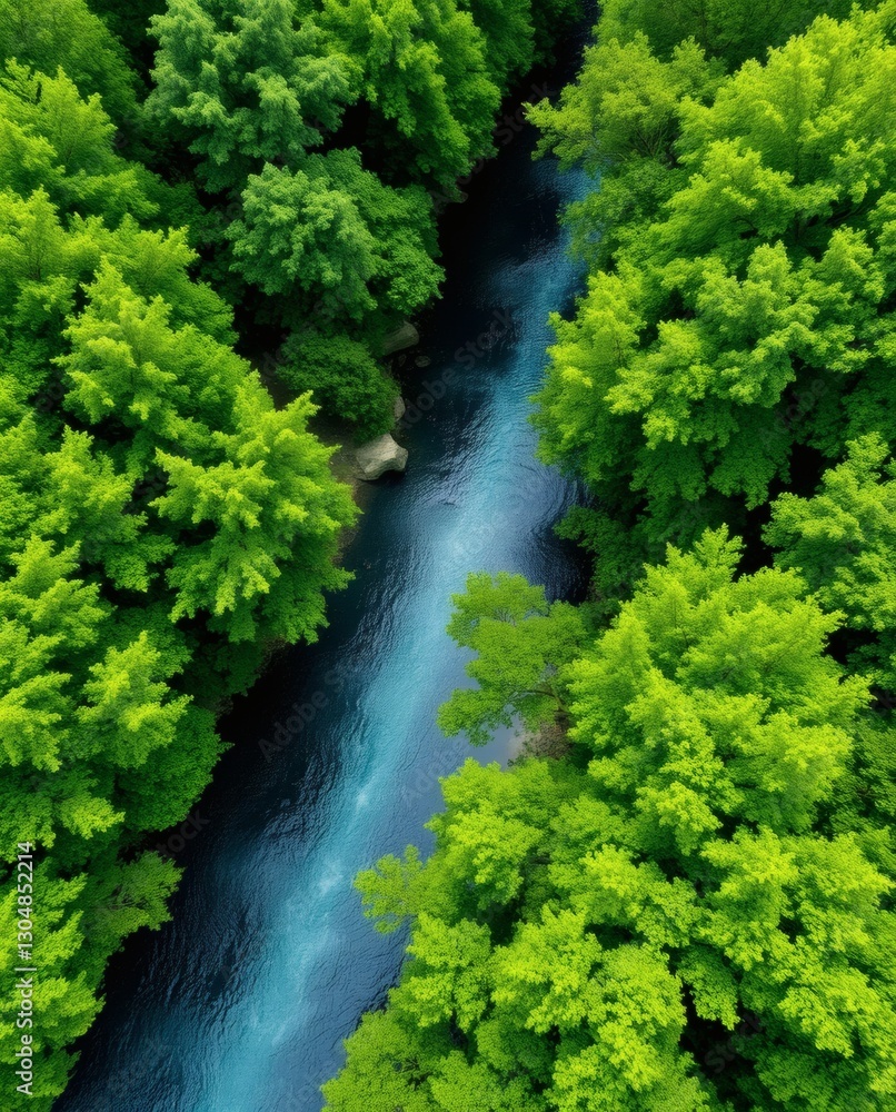 Poster an aerial view of a river cutting through a dense forest, creating a stunning contrast of colors
