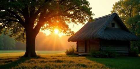 The sun rises behind trees casting dappled shadows on a thatched roof, warmth, foliage, dappled light
