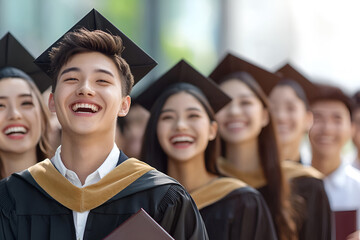 Asian young graduates celebrating academic achievement in graduation cap and gown outdoors