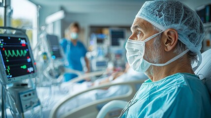 Patient in a recovery room, looking at a nurse checking vital signs on a monitor,