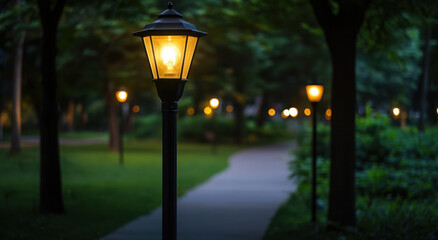 Pathway lights softly illuminate a tranquil park, inviting visitors to enjoy evening strolls amid lush greenery and calm surroundings