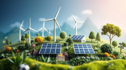 a vibrant landscape showcasing renewable energy sources like wind turbines and solar panels, promoting sustainability