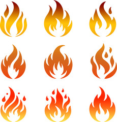 A collection of abstract fire flame warning icons with smooth gradients, modern style, and dynamic shapes for safety and energy branding