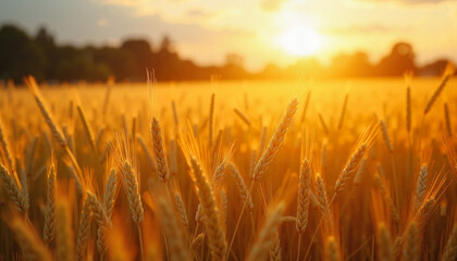 Fototapeta premium Golden wheat field in a rural setting during sunset with warm light