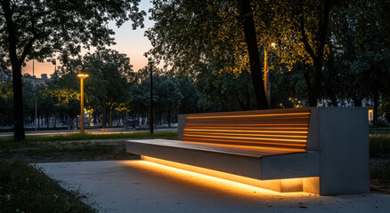 Modern bench blends wood and concrete with LED glow, enhancing a tranquil park setting during evening hours