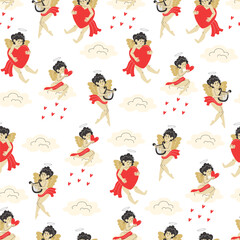 Seamless Valentine's Day Pattern with Cupids Sitting on Clouds, Playing Harp, and Hugging Hearts on White Background