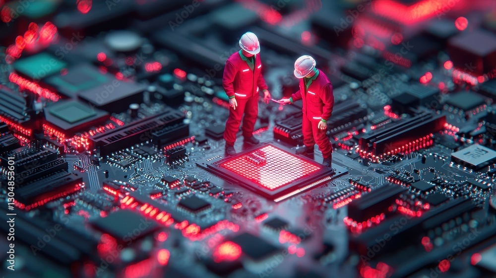 Poster technological innovation with miniature workers on microchip circuit board showing future of electro