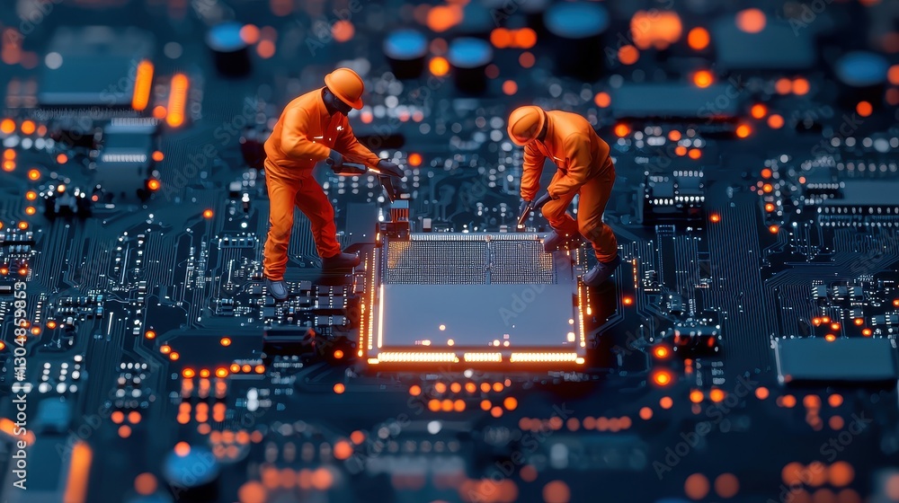 Poster tiny workers repairing a circuit board with lights and microchips, digital technology concept in act