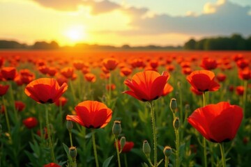 Golden hour light bathes vibrant poppy field with glistening dew, golden hour, flora, image