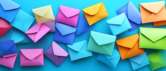 Obraz premium Vibrant blue background with colorful paper envelopes, showcasing digital communication, online information distribution, and vibrant marketing concepts in bright colors