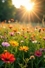 Fototapeta premium Golden sunlight bathes a profusion of wildflowers in a breathtaking meadow scene , flora, beauty
