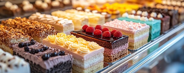 Fototapeta premium Colorful array of small cakes displayed at a patisserie counter