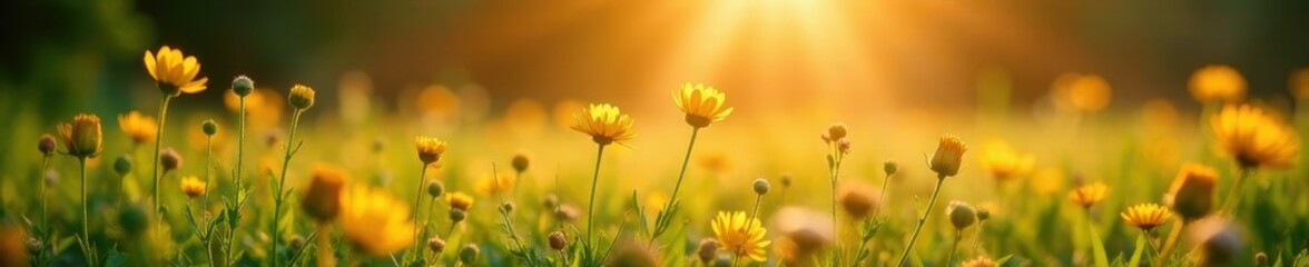 Obraz premium Golden sunlight illuminates a carpet of wildflowers, field, bloom
