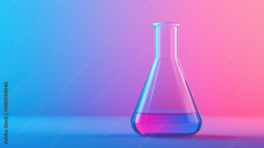 Poster clear laboratory flask with colorful liquid on gradient background in studio setting