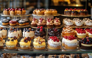 Colorful array of small cakes displayed at a patisserie counter