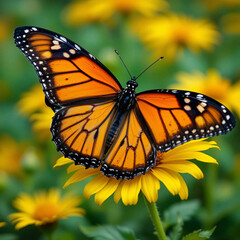 Fototapeta premium A beautiful close-up of a monarch butterfly perched on vibrant yellow garden flowers, showcasing.