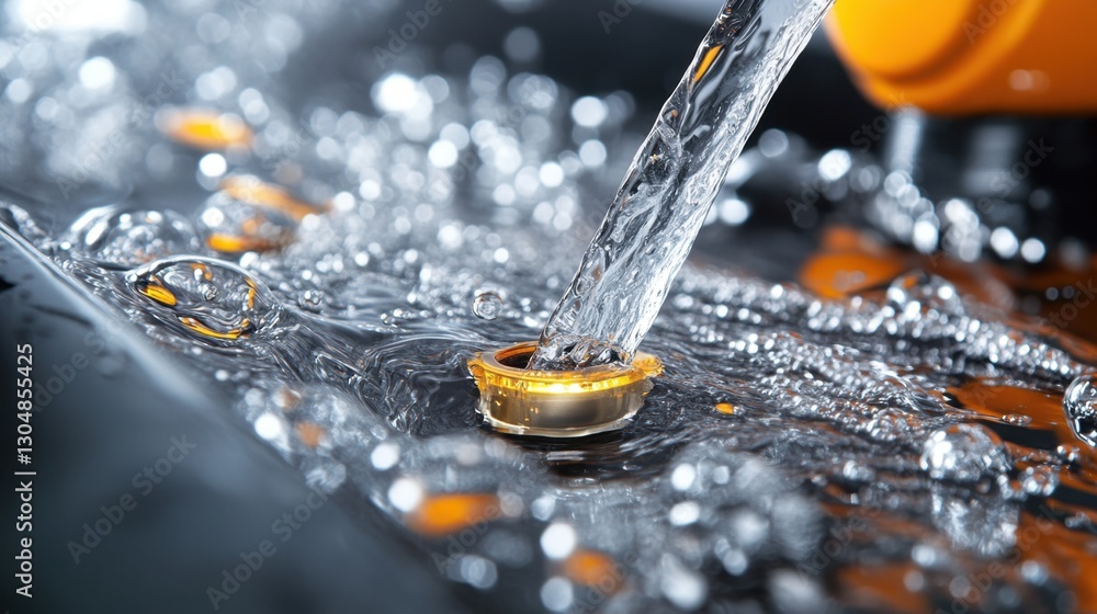 Poster captivating close up of water pouring into a golden ring creating dynamic splash and bubbles against