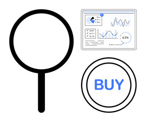 Magnifying glass investigates analytics dashboard and buy button highlighting online research, data analysis, e-commerce, decision-making, digital marketing, customer behavior. Ideal for technology