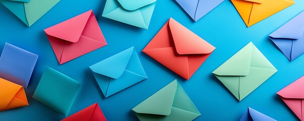 Colorful envelopes lying on a vibrant blue background
