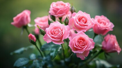 Obraz premium Delightful pink roses in soft focus bloom with delicate petals and water droplets creating a romantic and serene floral arrangement perfect for spring