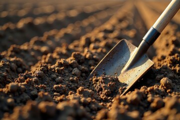 A weathered shovel rests in freshly tilled earth, bathed in the warm glow of the setting sun, a symbol of agricultural labor and the promise of a bountiful harvest.