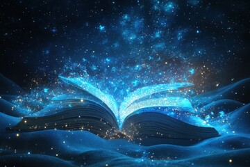 Magical open book with sparkling stars and cosmic light in night sky