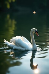 Obraz premium Single white swan glides across still pond surface, sunlit ripples , outdoor, plumage, zoology