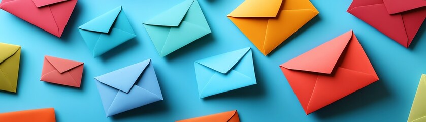 Paper envelopes in vibrant colors on a blue background, representing digital communication, electronic mail, and online marketing ideas, symbolizing the distribution of information