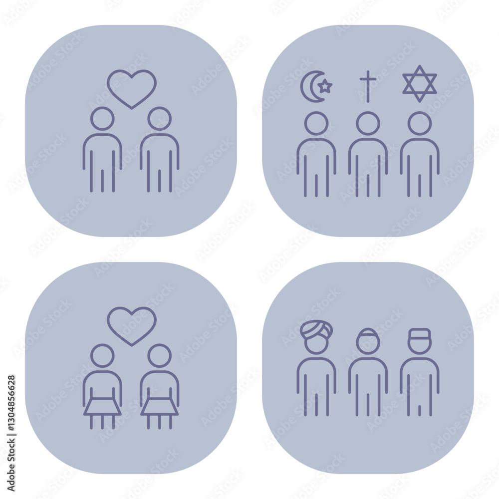 Poster simple line icons of love between couples and symbols representing various faiths. unity and diversi