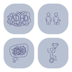 Collection of four icons highlighting aspects of mental health, including ADHD, social interaction, cognitive challenges, and success for individuals with disabilities