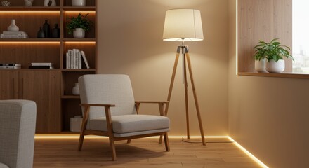 A modern cozy living space with a single light gray fabric armchair with wooden armrests placed against a warm beige wall